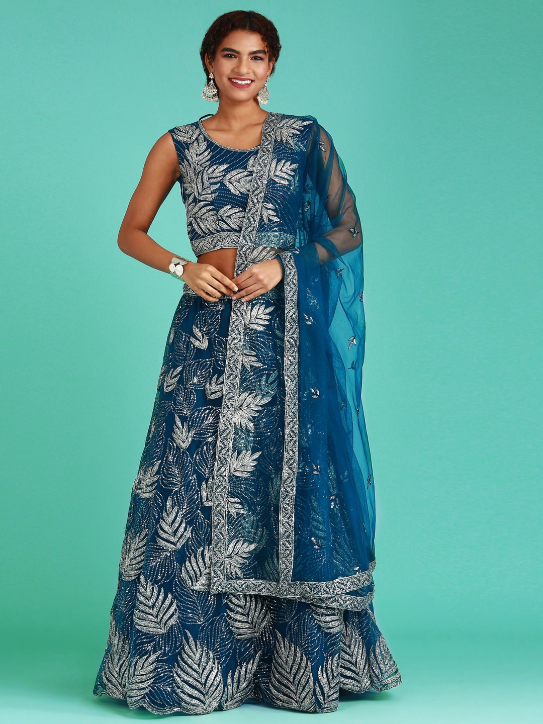 

panchhi Navy Blue & Silver-Toned Embellished Sequinned Semi-Stitched Lehenga & Unstitched Blouse With