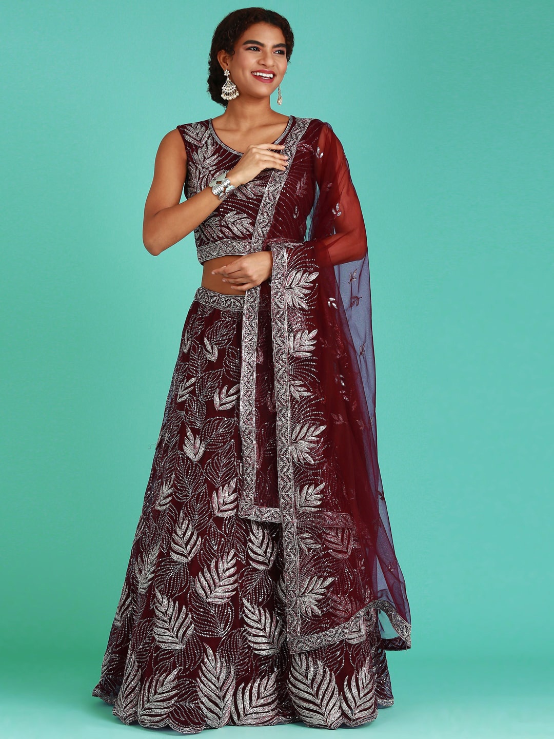 

panchhi Burgundy & Silver-Toned Embellished Sequinned Semi-Stitched Lehenga & Unstitched Blouse With Dupatta