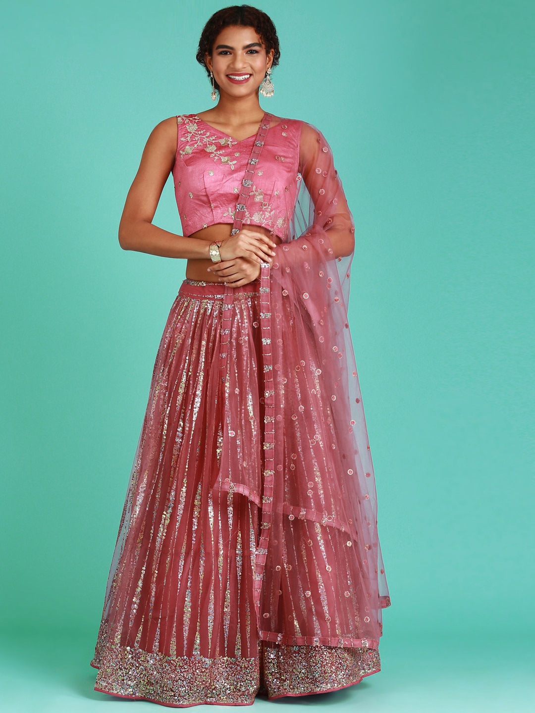 

panchhi Rose Gold & Silver-Toned Embellished Sequinned Semi-Stitched Lehenga & Unstitched Blouse With
