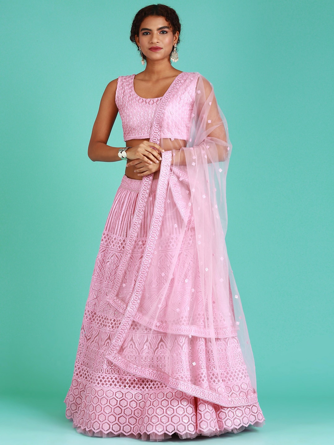 

panchhi Pink Embellished Sequinned Semi-Stitched Lehenga & Unstitched Blouse With Dupatta
