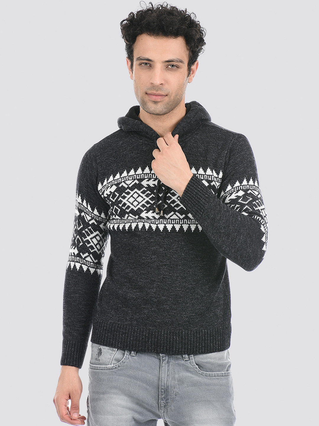 

Cloak & Decker by Monte Carlo Men Grey & White Printed Acrylic Pullover Sweater