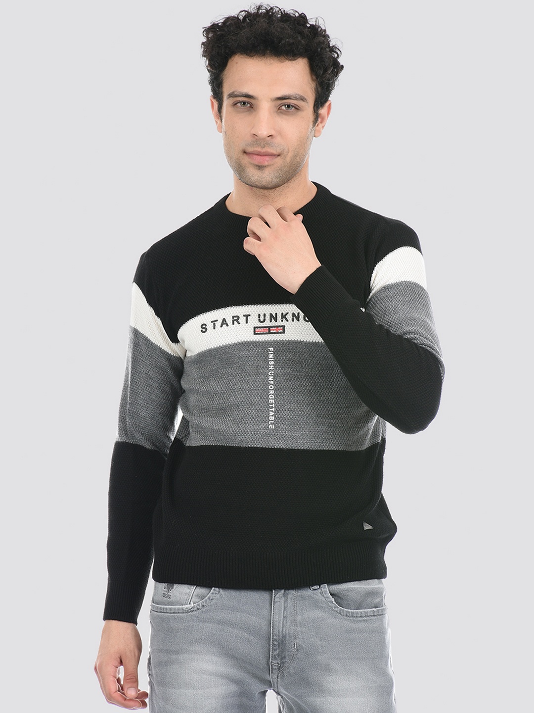 

Cloak & Decker by Monte Carlo Men Black & White Colourblocked Acrylic Pullover Sweater