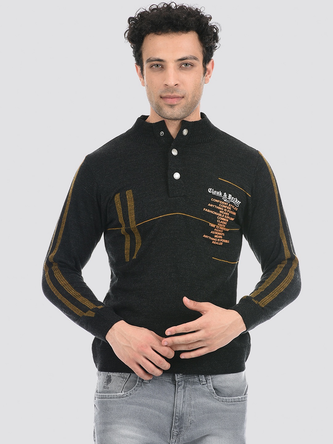 

Cloak & Decker by Monte Carlo Men Black & Brown Striped Acrylic Pullover Sweater