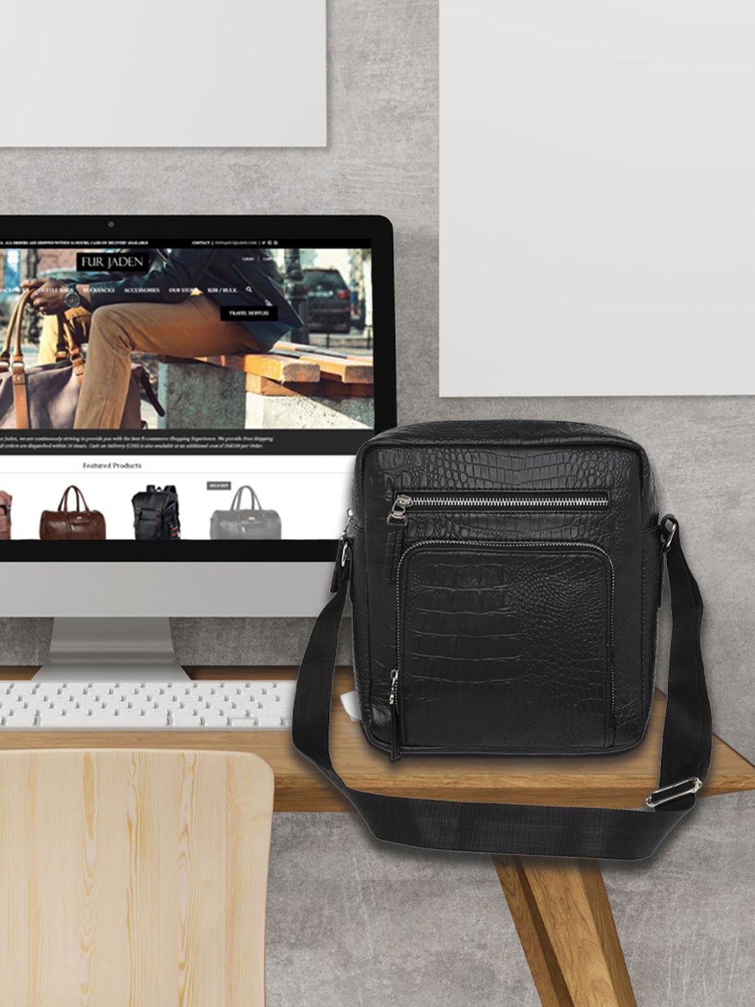 

FUR JADEN Black Textured Faux Leather Messenger Bag