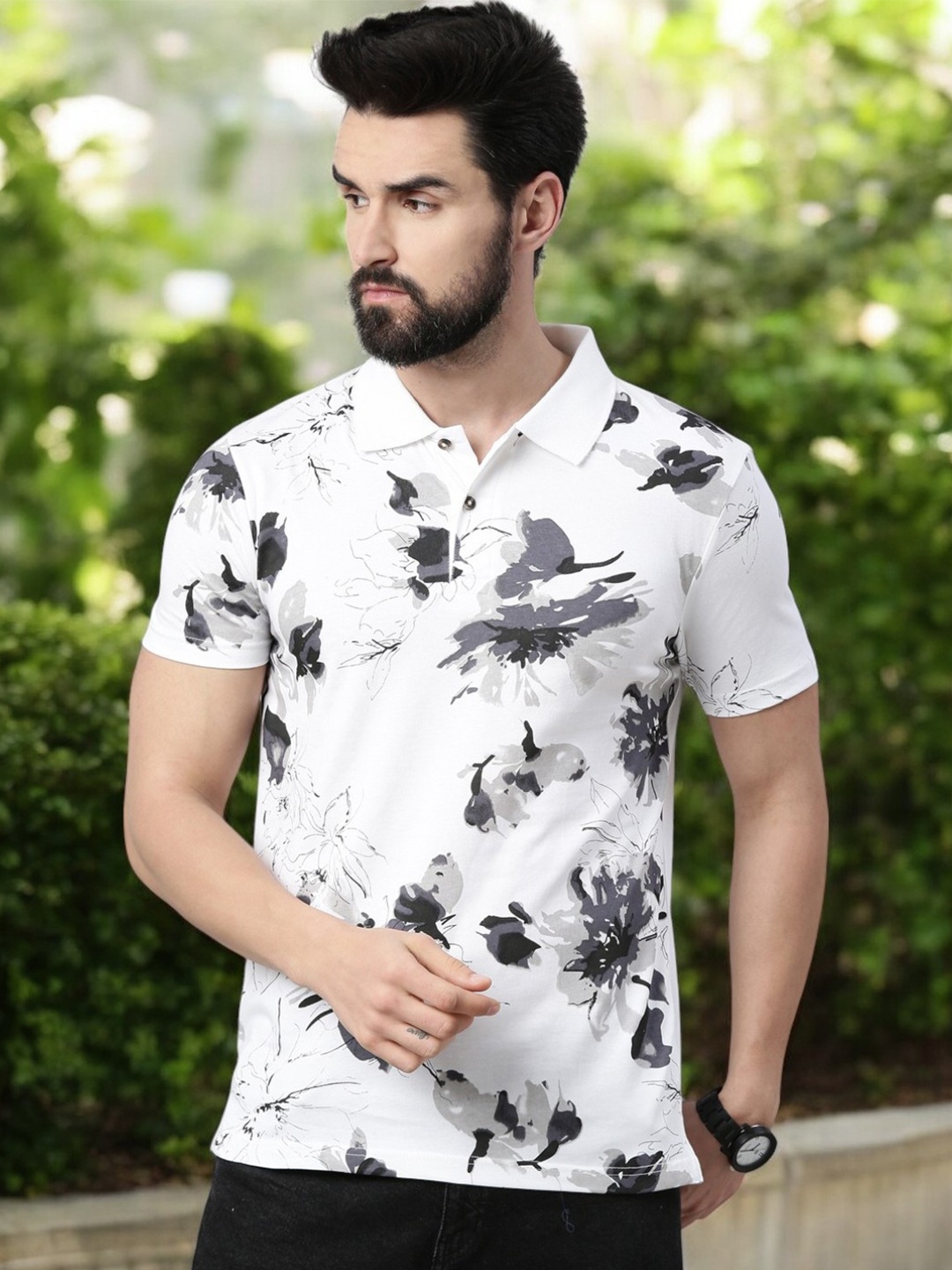 

Kryptic Men Printed Polo Collar Pure Cotton T-shirt, White