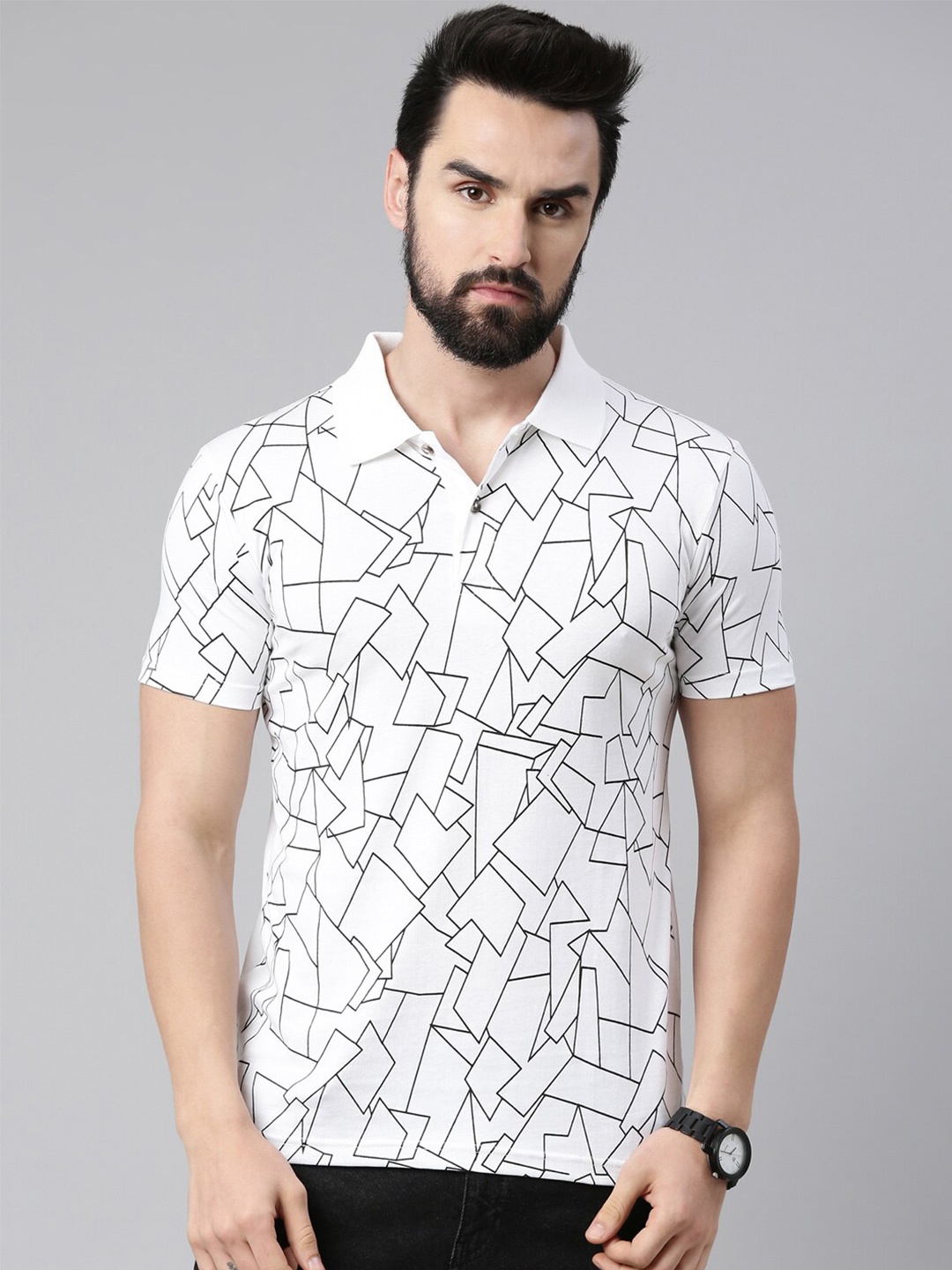 

Kryptic Men Printed Polo Collar Pure Cotton T-shirt, White