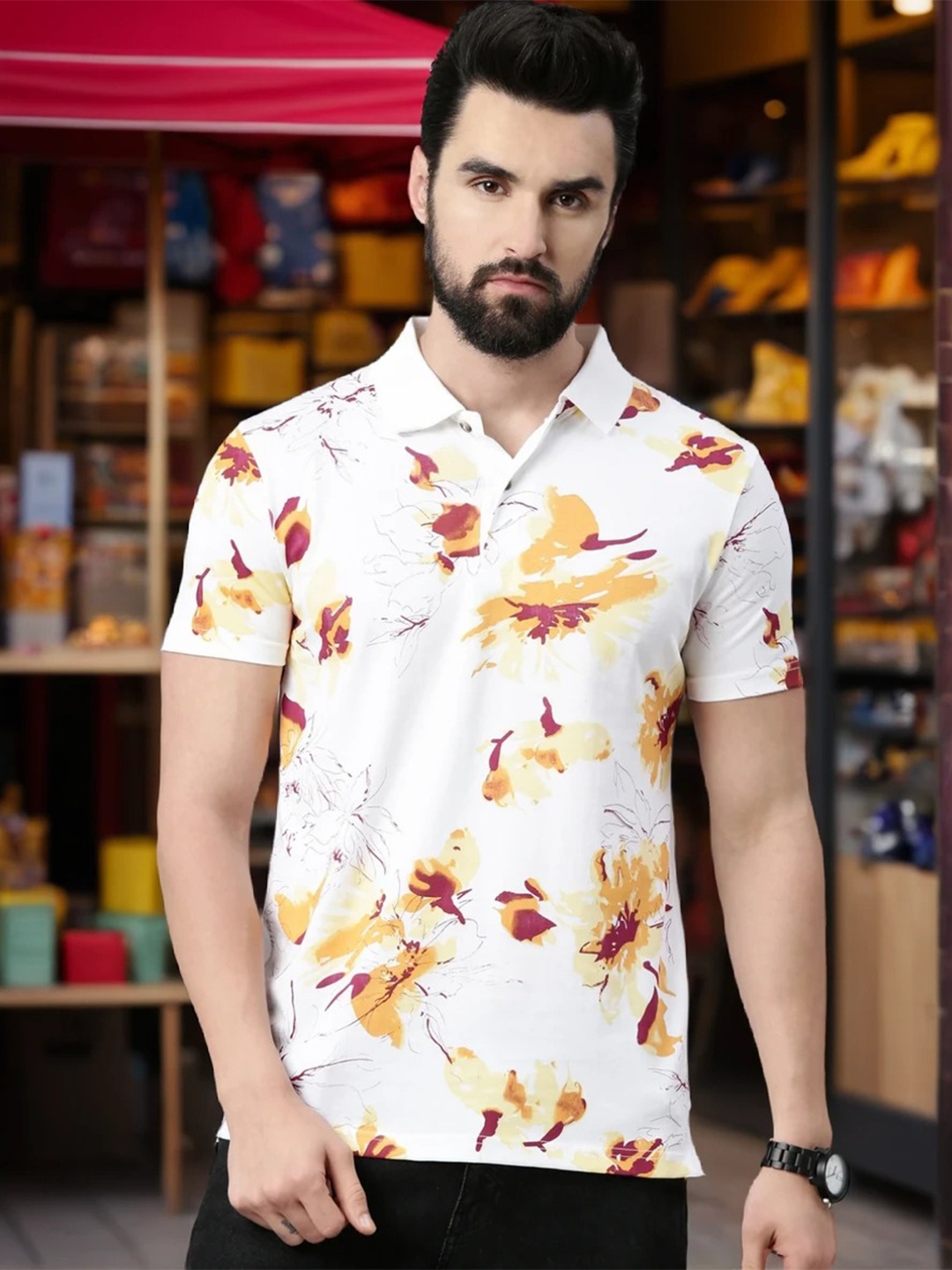 

Kryptic Men Printed Polo Collar Pure Cotton T-shirt, White