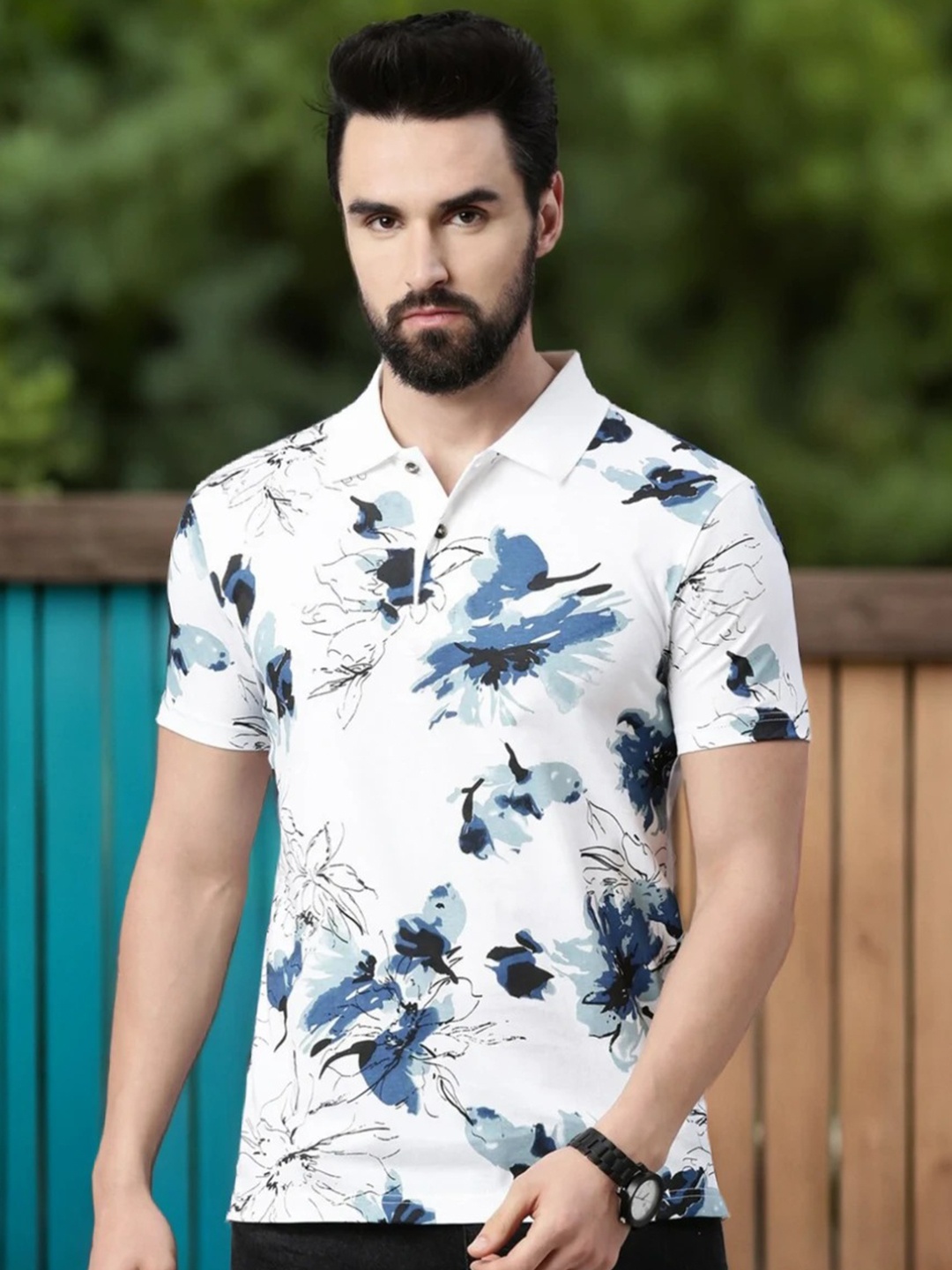 

Kryptic Men Printed Polo Collar Pure Cotton T-shirt, White