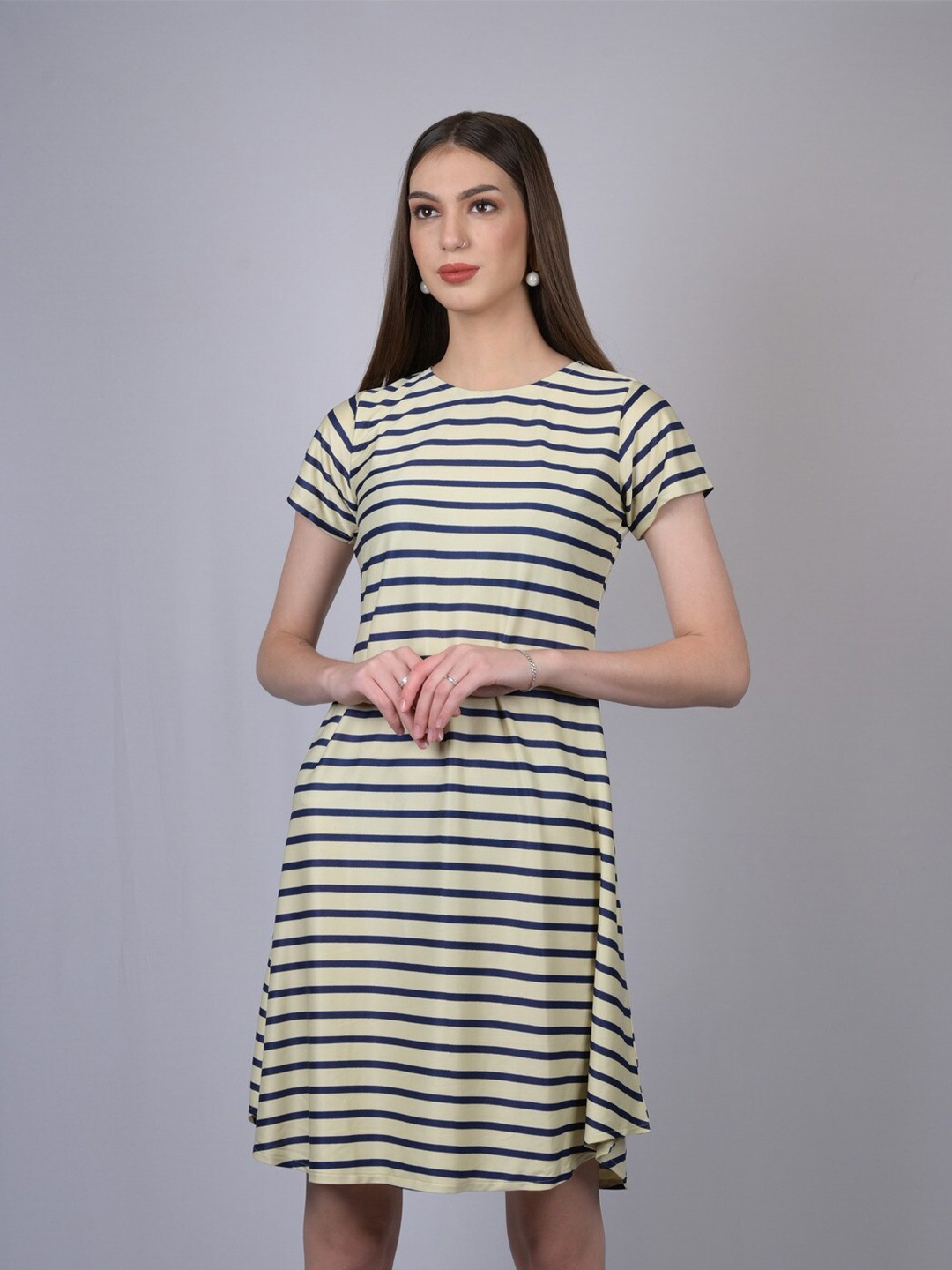 

OWO THE LABEL Off White & Navy Blue Striped A-Line Dress