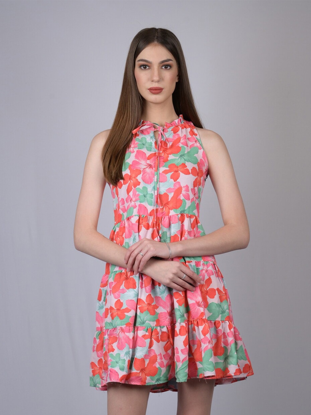 

OWO THE LABEL Pink & Orange Floral Halter Neck Dress
