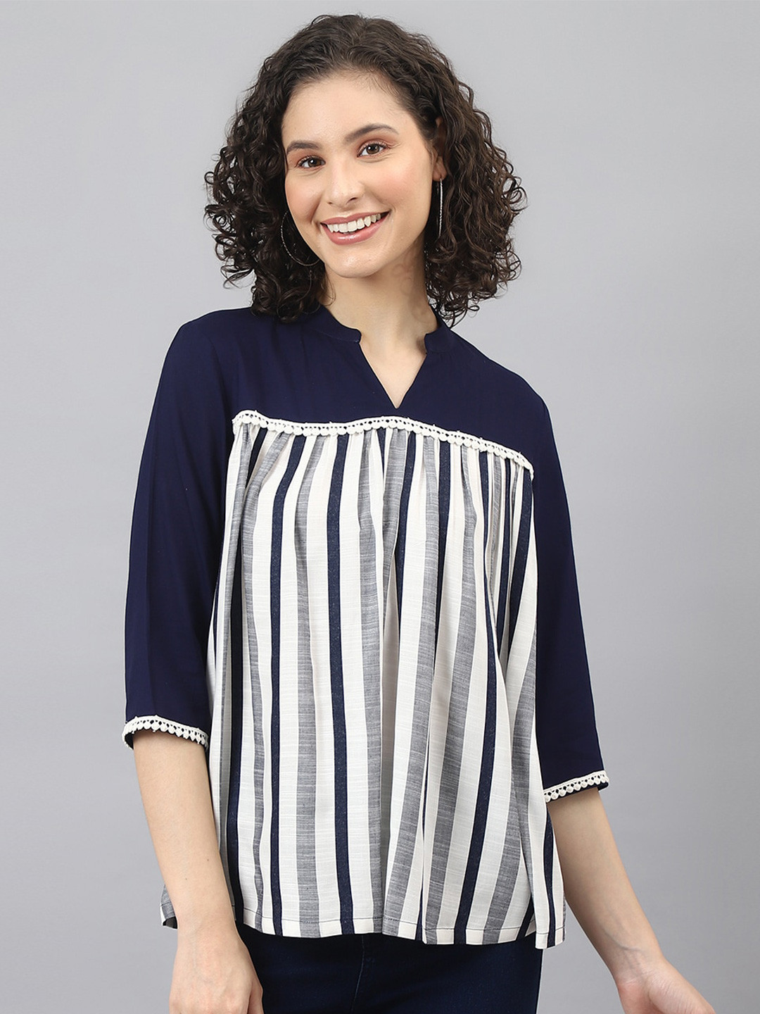 

DEEBACO Navy Blue & White Striped Top