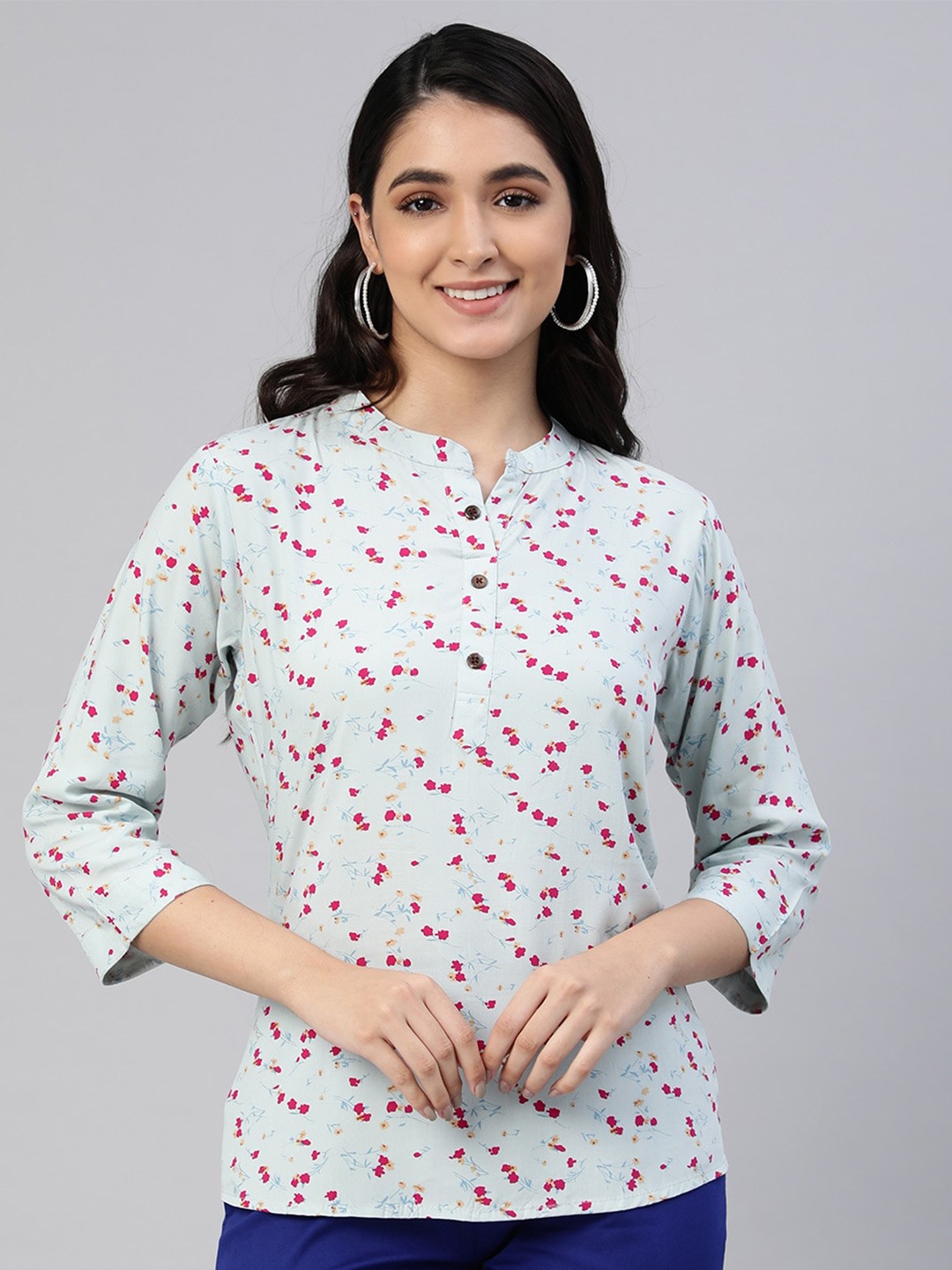 

LYRA Blue Floral Print Mandarin Collar Top