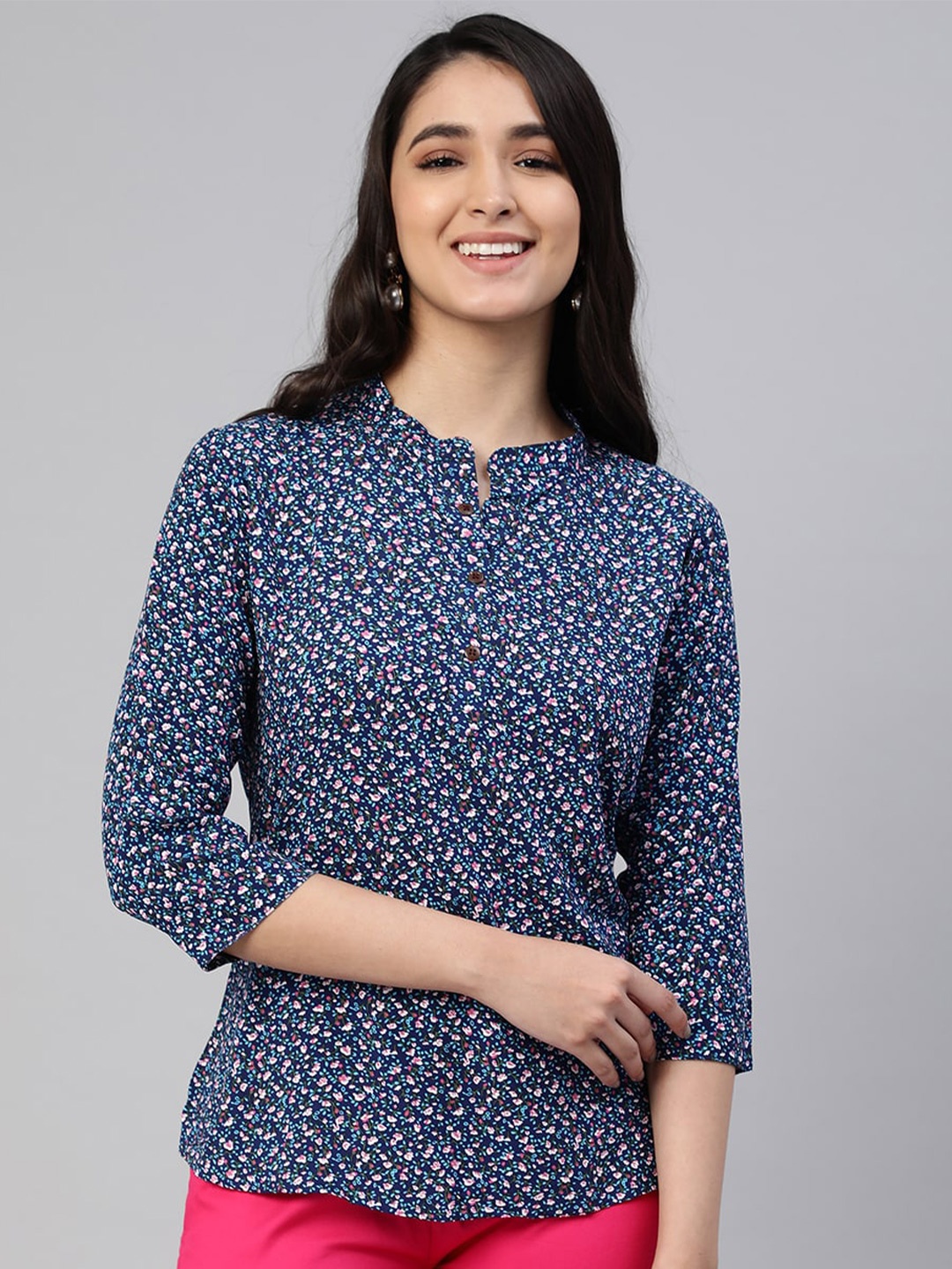 

LYRA Navy Blue Floral Print Mandarin Collar Top