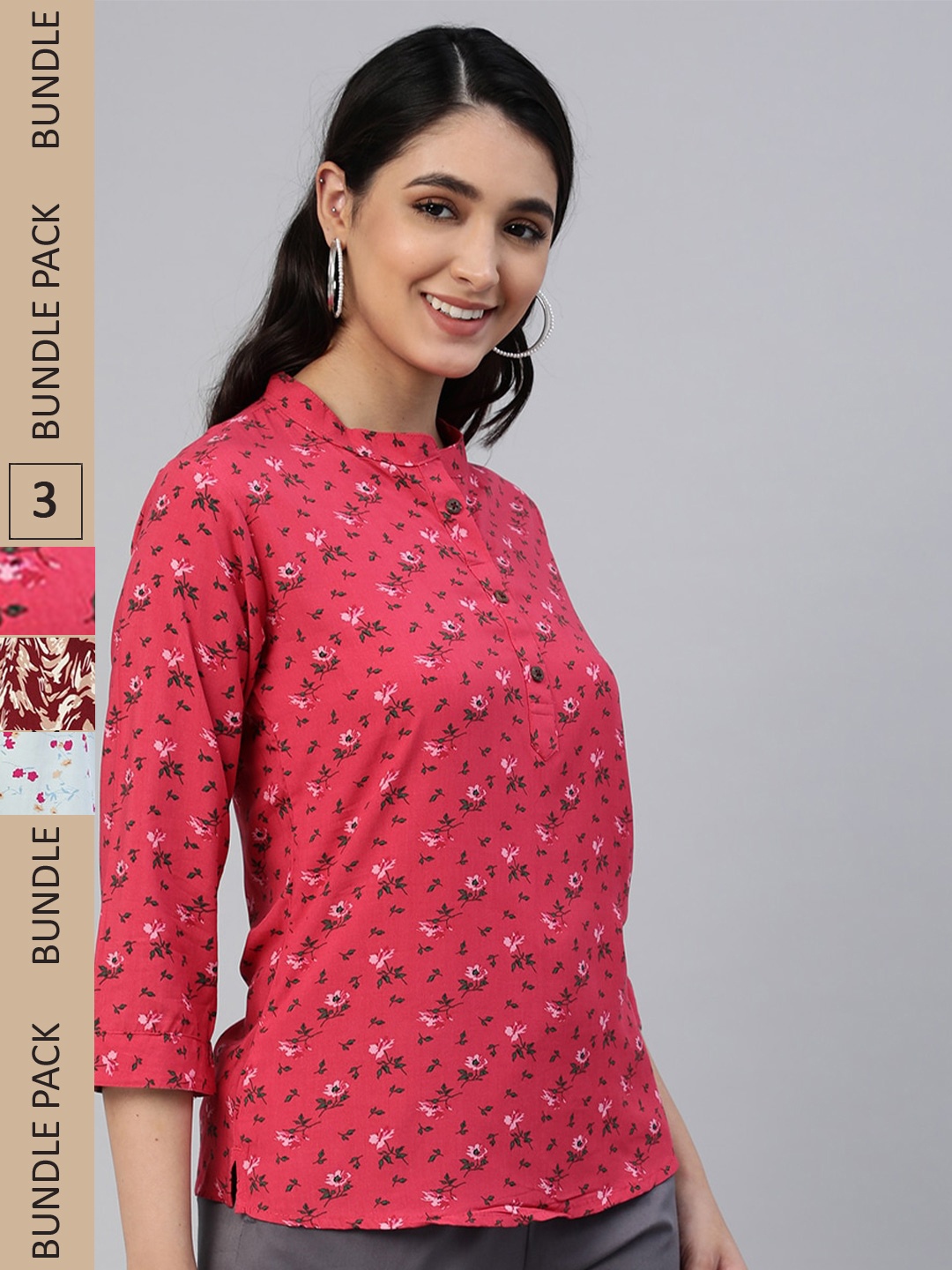 

LYRA Assorted Pack of 3 Floral Print Mandarin Collar Top