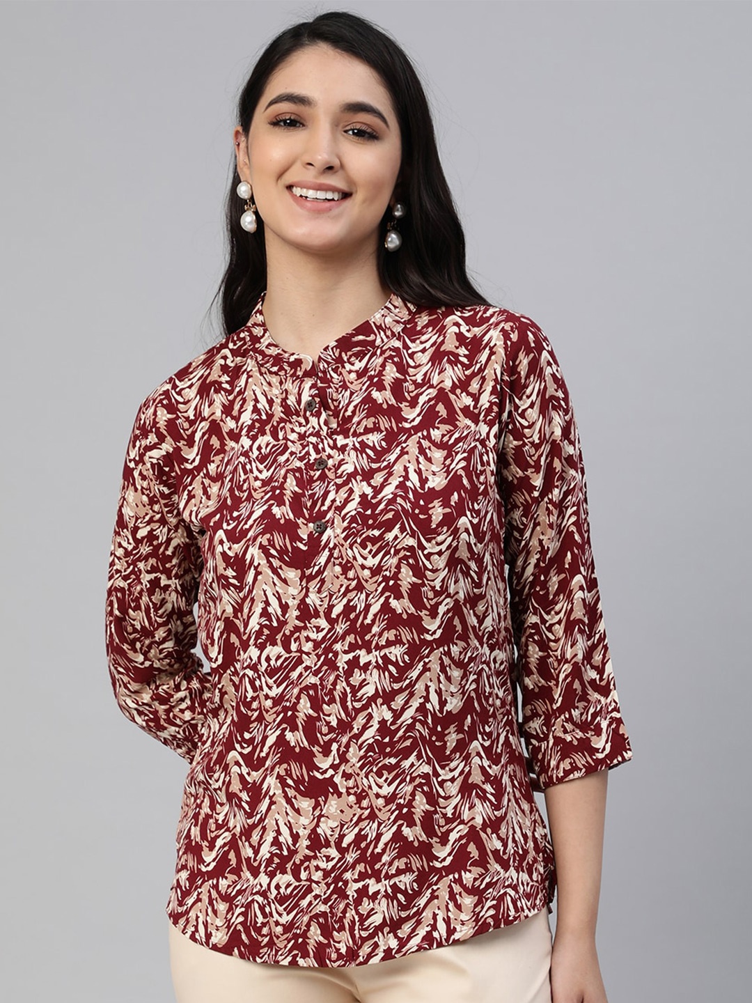 

LYRA Maroon Floral Print Mandarin Collar Top