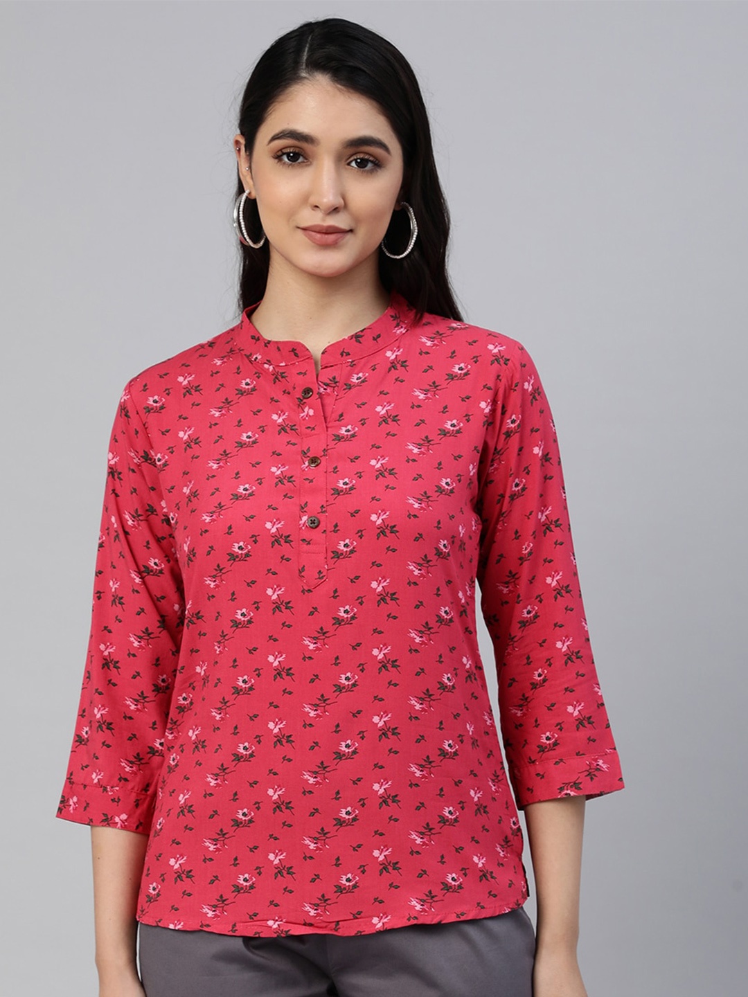 

LYRA Red Floral Print Mandarin Collar Top