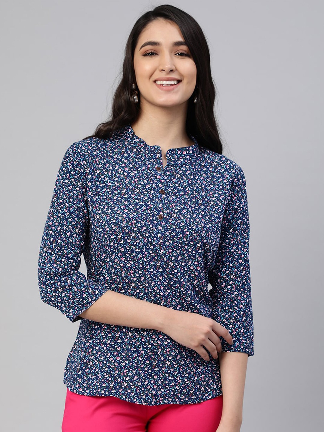 

LYRA Navy Blue Floral Print Mandarin Collar Top