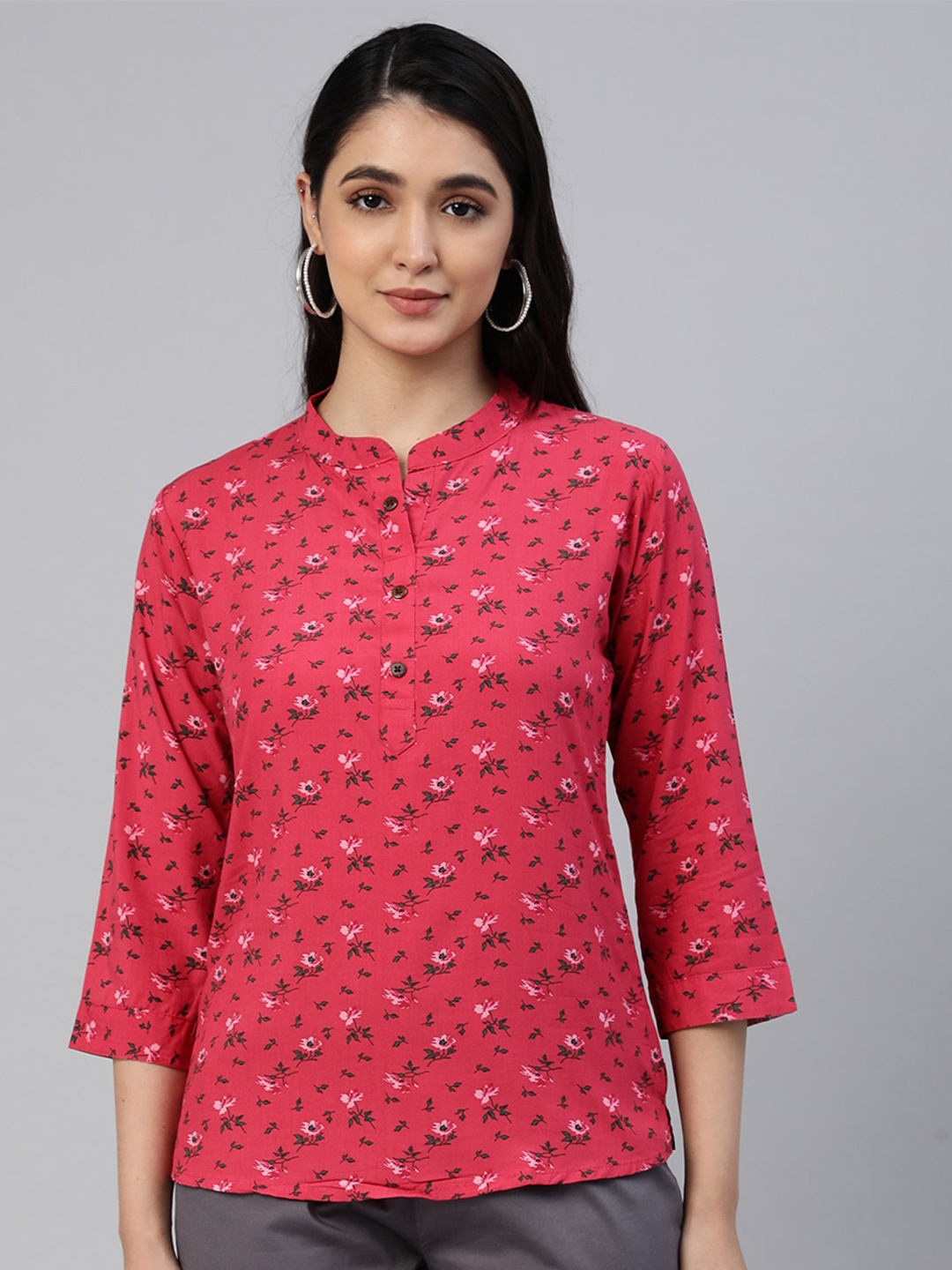 

LYRA Red Floral Print Mandarin Collar Top