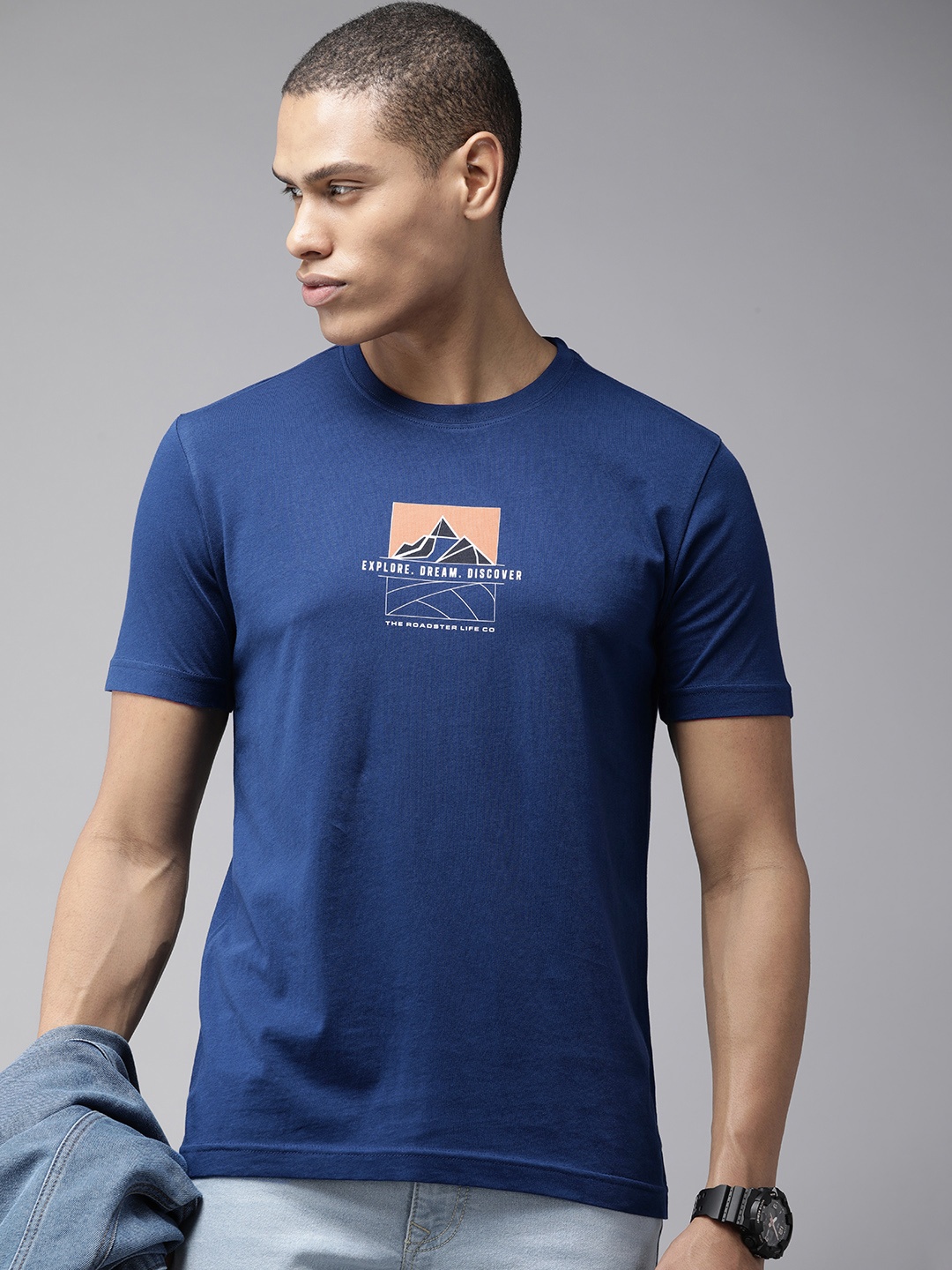 

Roadster Graphic Printed Cotton T-shirt, Navy blue