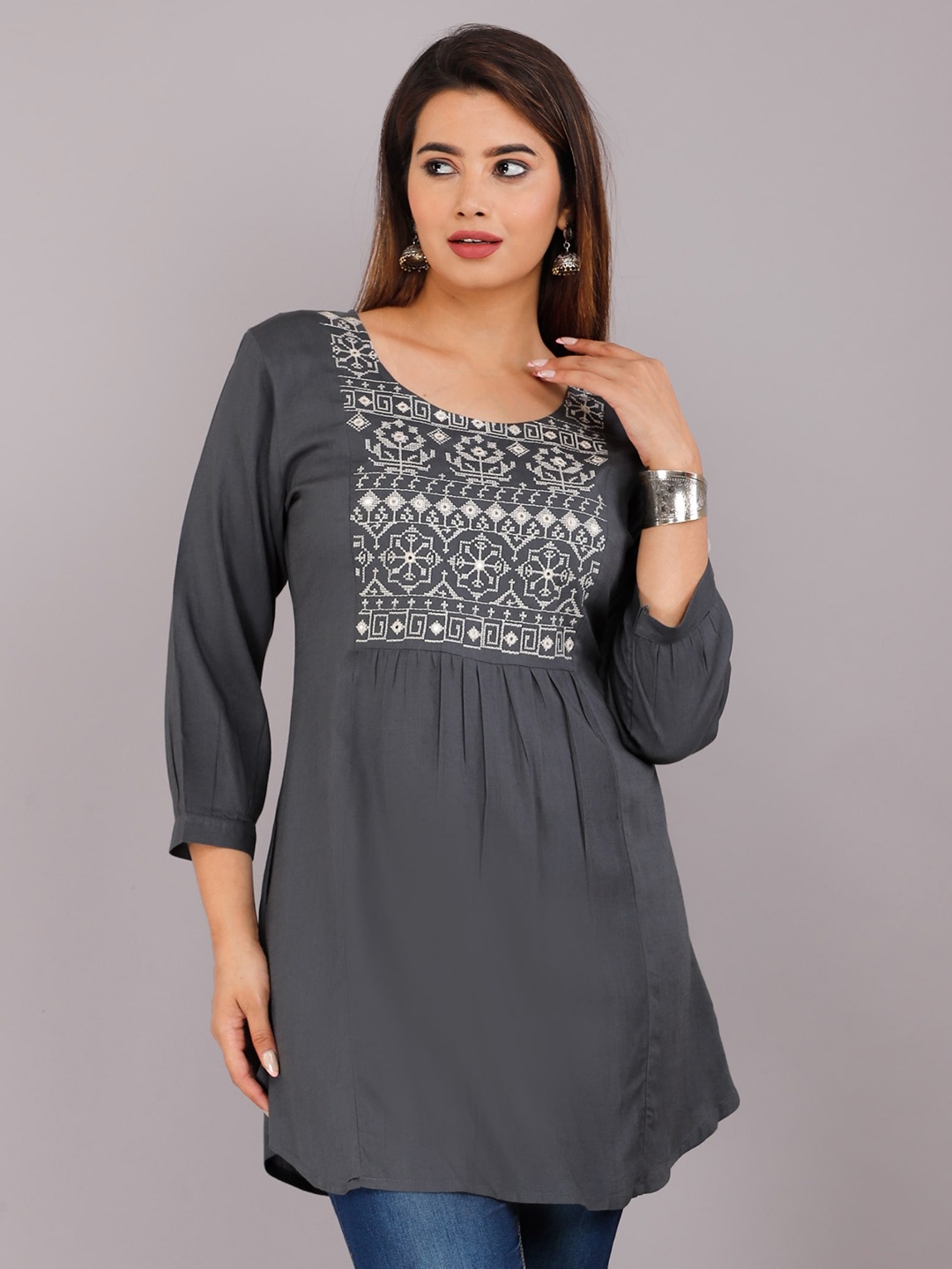 

KALINI Grey & White Embellished Longline Top