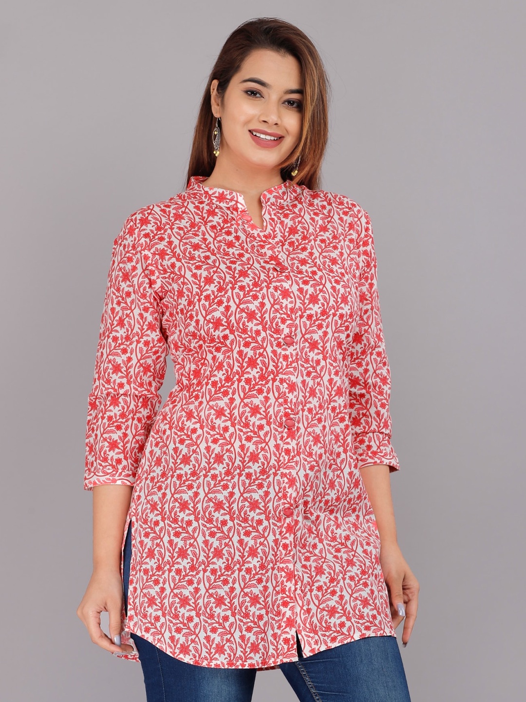 

KALINI White & Pink Floral Print Mandarin Collar Shirt Style Longline Top