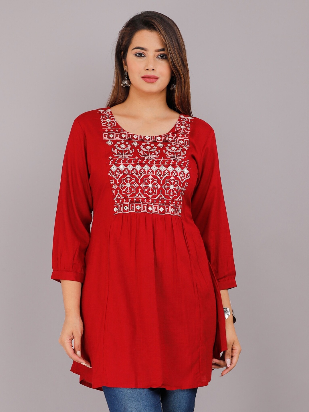 

KALINI Red & White Embroidered Longline Top