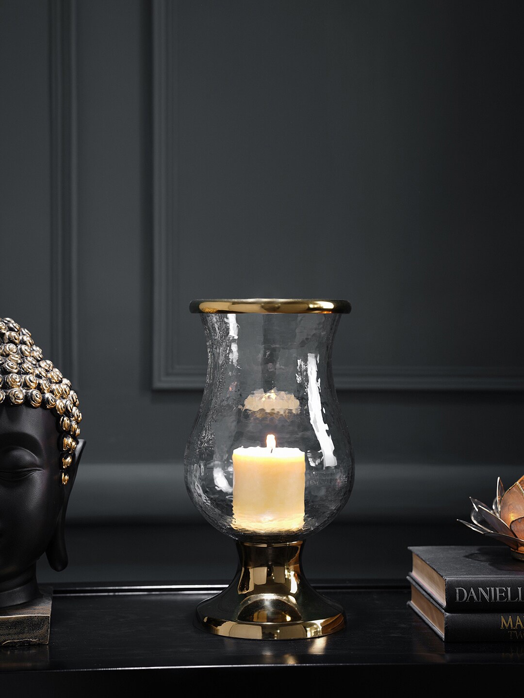 

Pure Home and Living Transparent & Gold-Toned Textured Glass Candle Holder