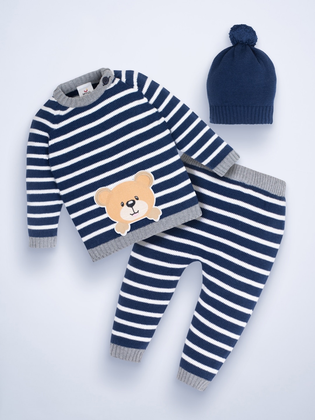 

MYLO ESSENTIALS Unisex Baby Full Sleeves Sweater, Pant Set with Solid Cap, Navy blue