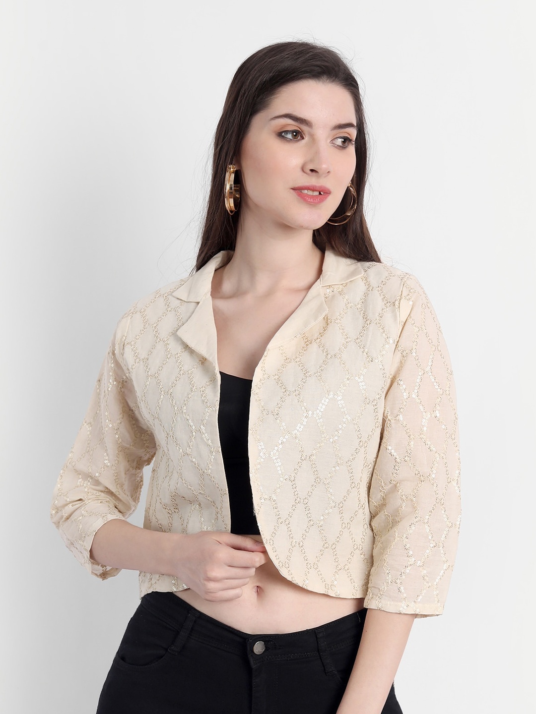 

Spiaty Women Beige Embellished Crop Shrug