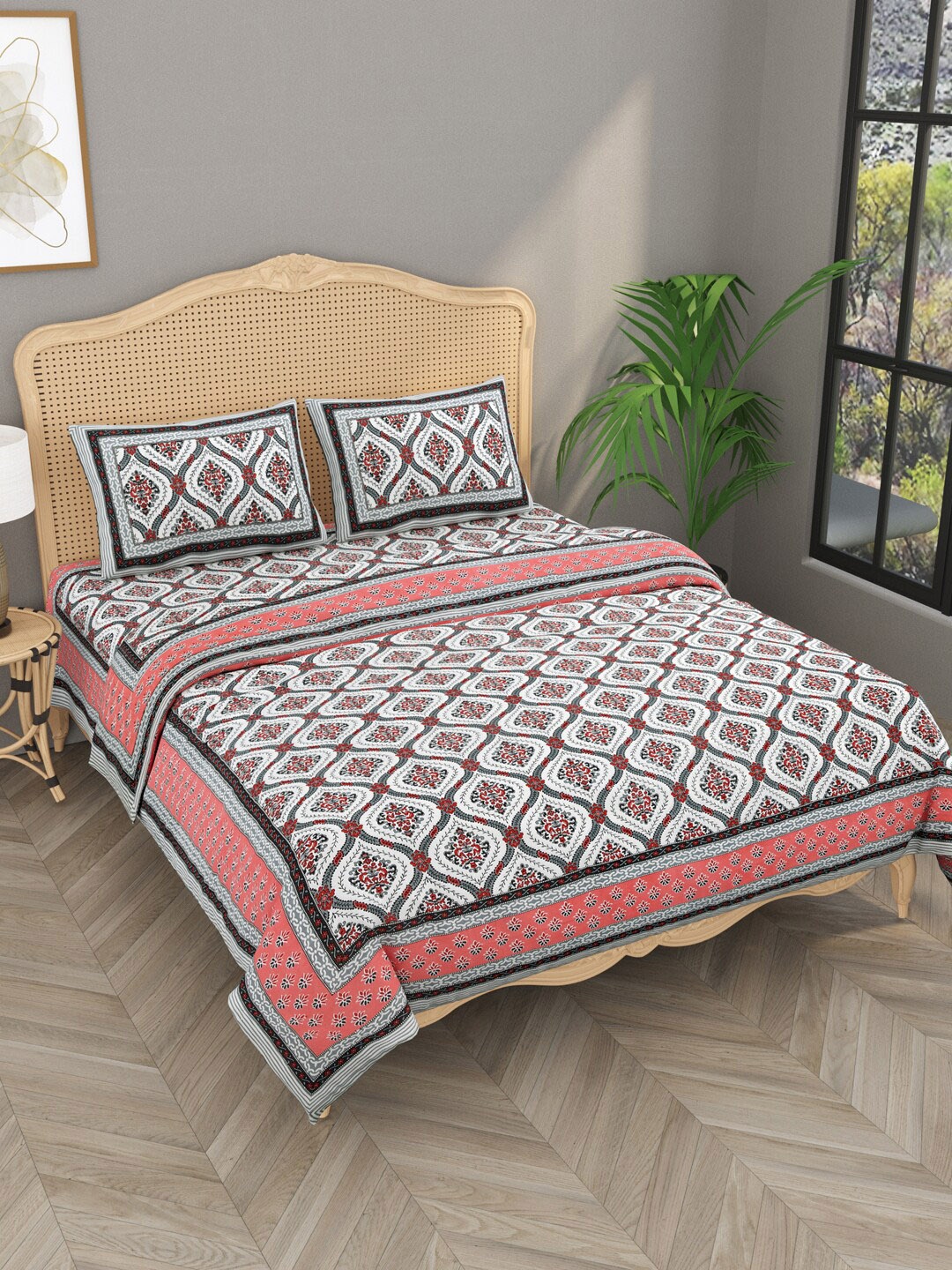 

Gulaab Jaipur White & Grey Ethnic Motifs Printed Double King Size Cotton Bedding Set