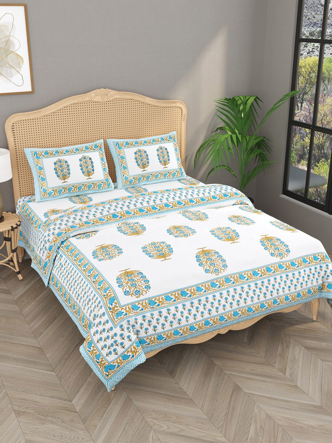 

Gulaab Jaipur Blue & White Floral Printed Cotton Double King Bedding Set