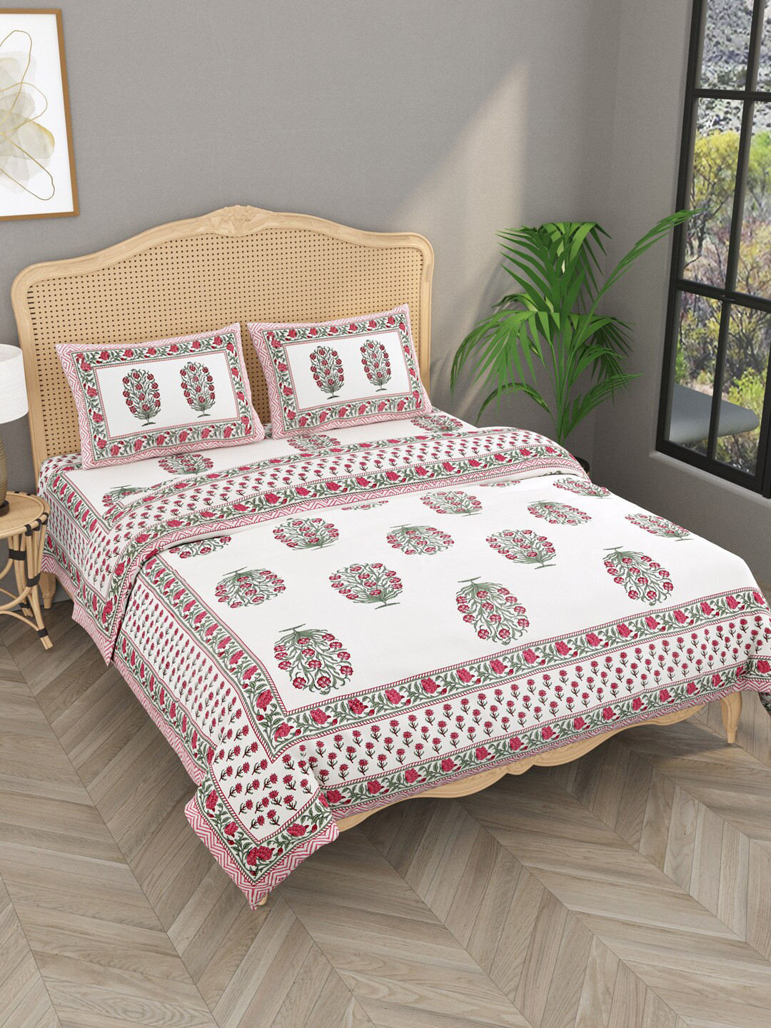 

Gulaab Jaipur Pink & White Floral Printed Cotton Double King Bedding Set