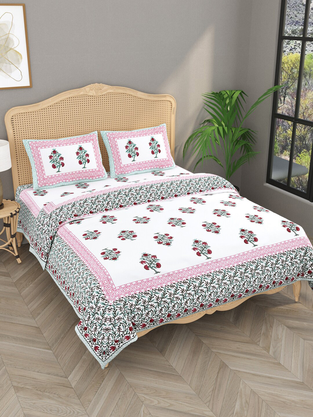 

Gulaab Jaipur White & Pink Floral Printed Cotton Double King Bedding Set