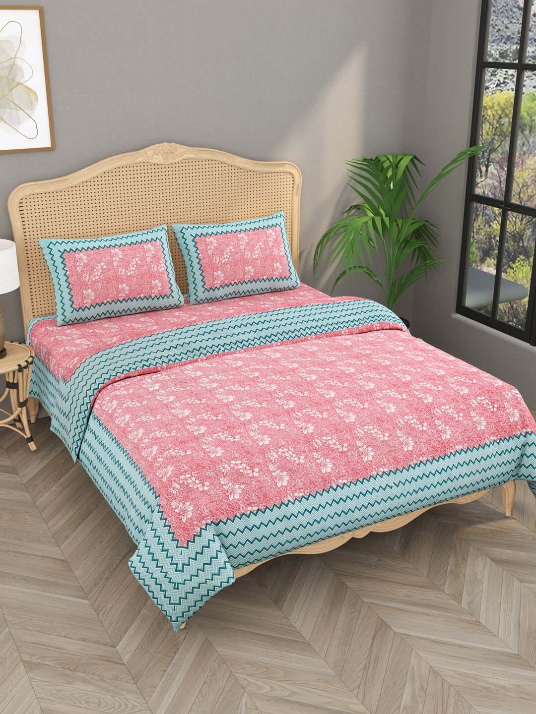 

Gulaab Jaipur Pink & White Floral Printed Cotton Double King Bedding Set