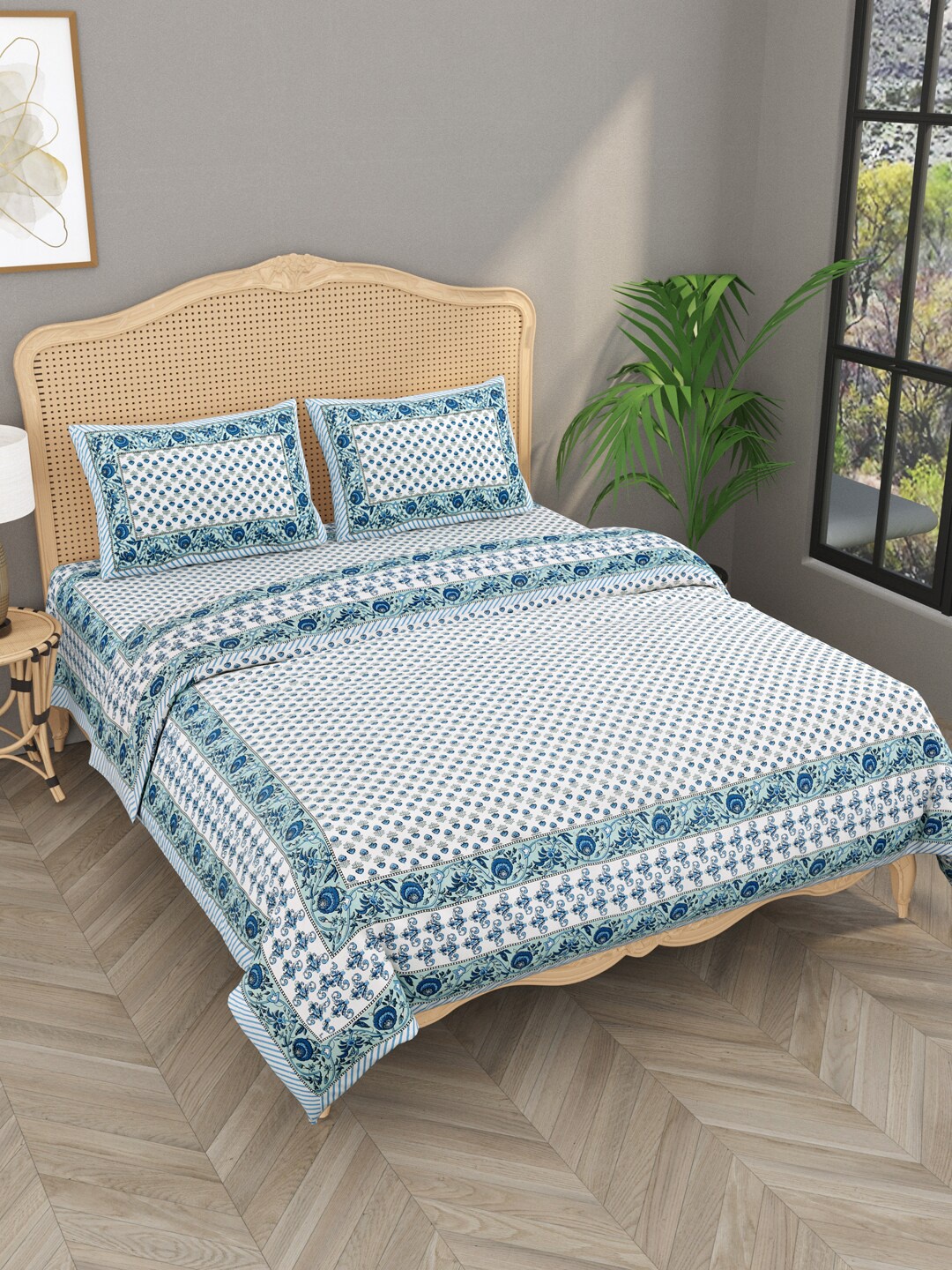 

Gulaab Jaipur Blue & White Floral Printed Cotton Double King Bedding Set