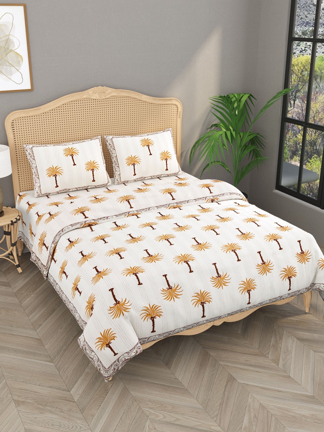 

Gulaab Jaipur White & Brown Printed Cotton Double King Bedding Set