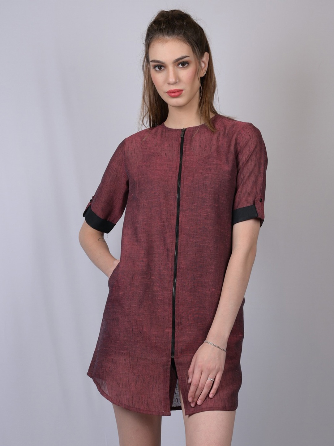 

OWO THE LABEL Maroon Linen Shirt Mini Dress