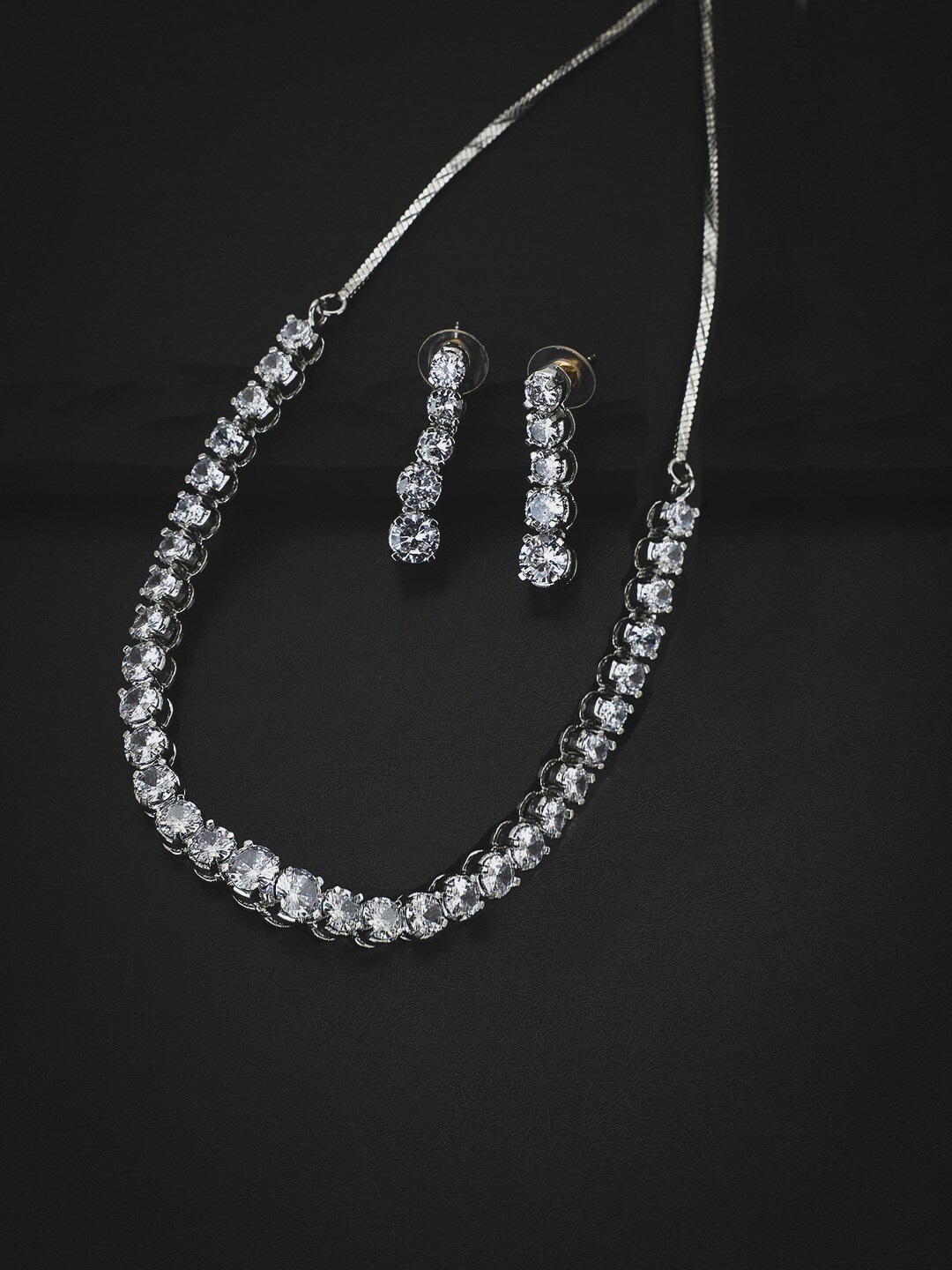 

Carlton London Rhodium-Plated Silver-Toned White AD Stone-Studded Jewellery Set