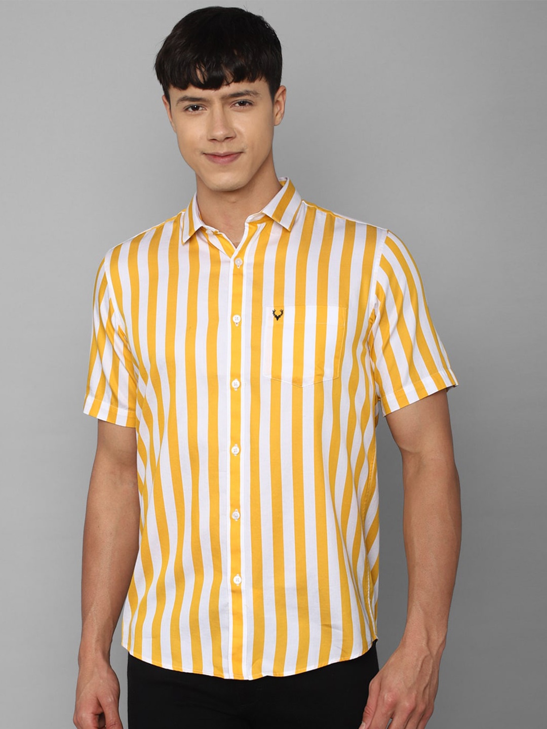 

Allen Solly Men Mustard Slim Fit Striped Casual Cotton Shirt