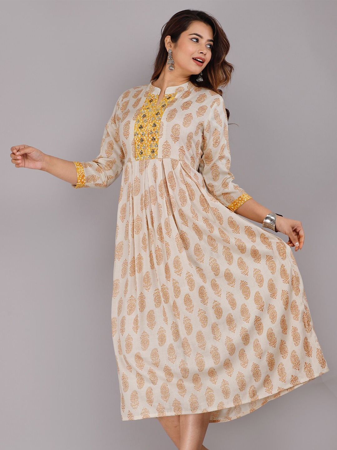 

KALINI Beige & Yellow Ethnic Motifs A-Line Midi Dress