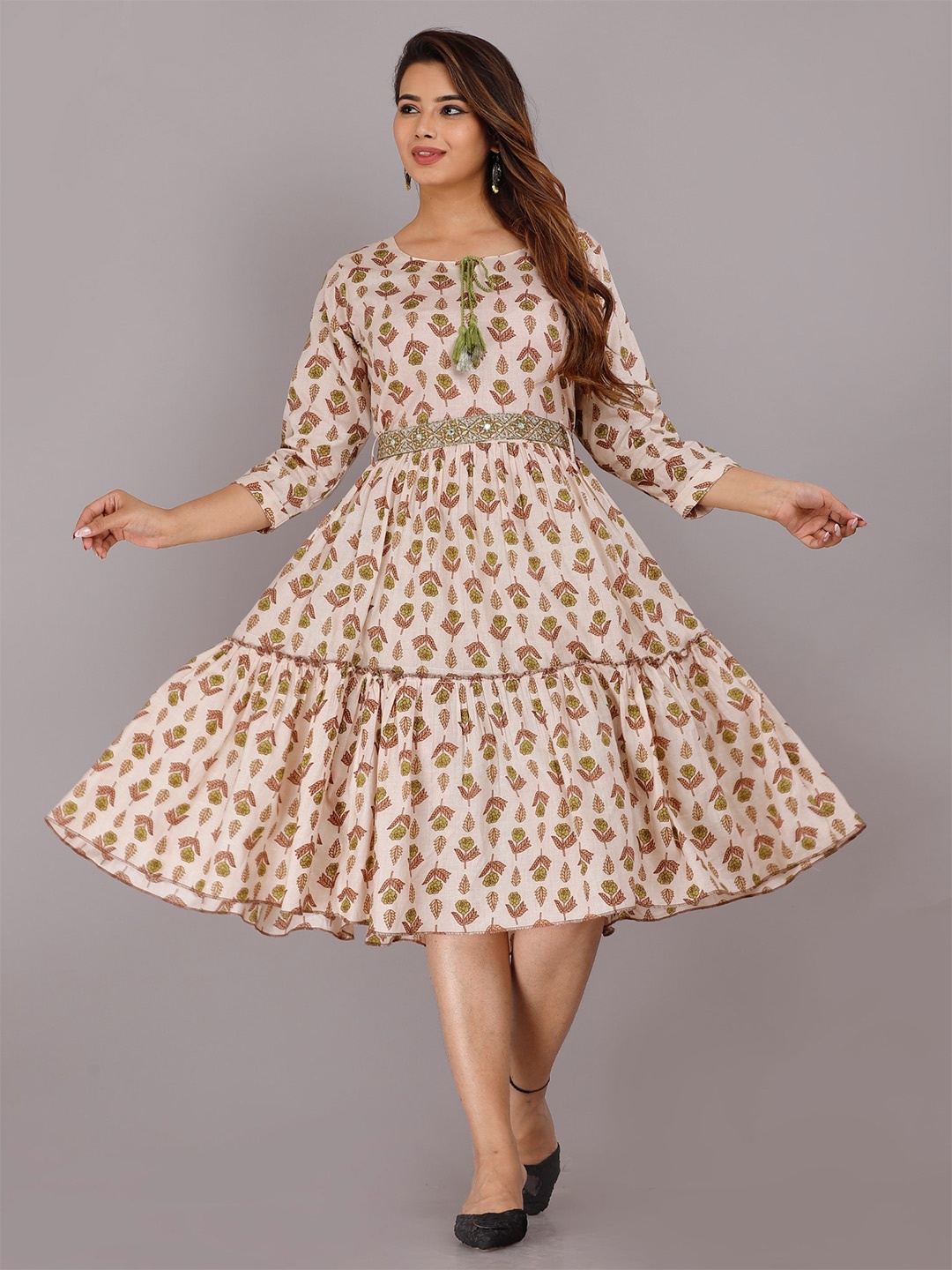 

KALINI Beige & Green Floral Printed Midi Dress