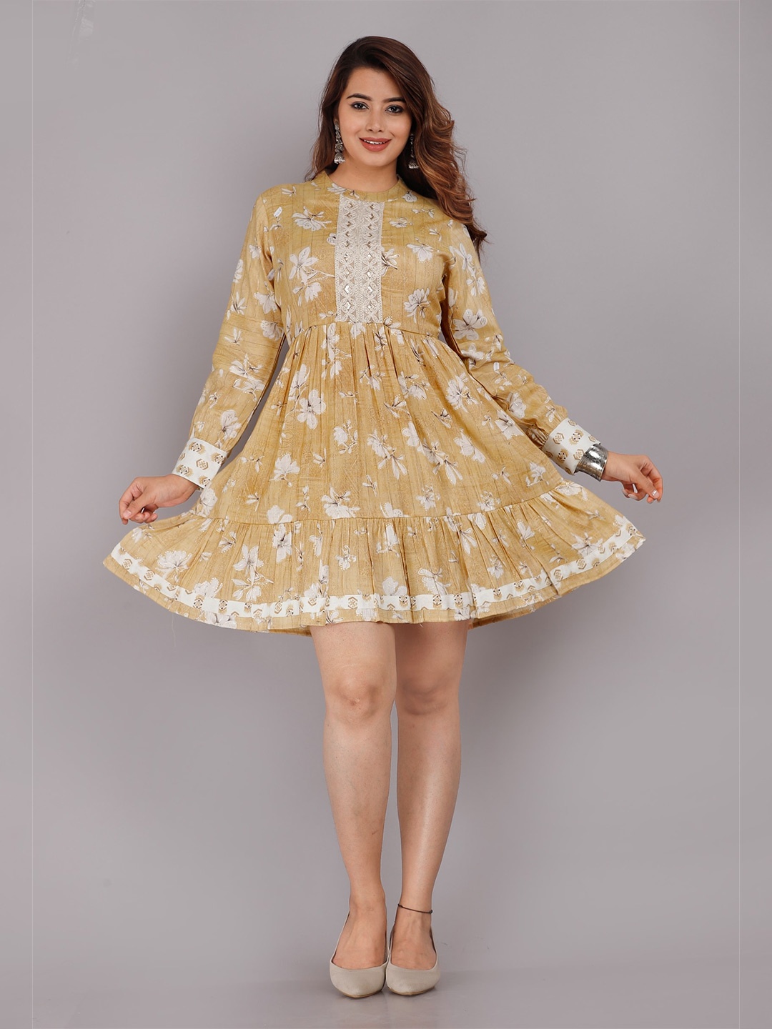 

KALINI Yellow Floral Printed Cuffed Sleeve Fit & Flare Dress
