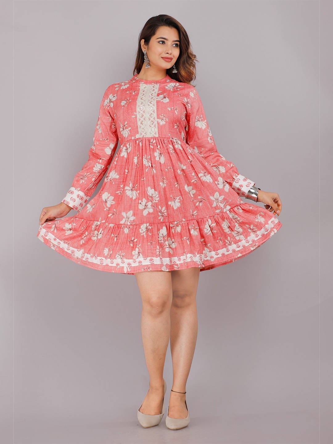 

KALINI Peach-Coloured Floral Printed Fit and Flare Dress