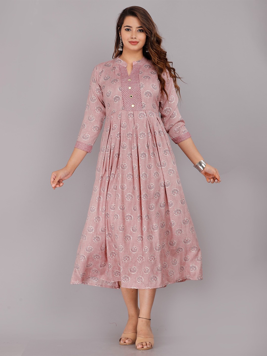

KALINI Mauve Floral Printed Fit and Flare Midi Dress