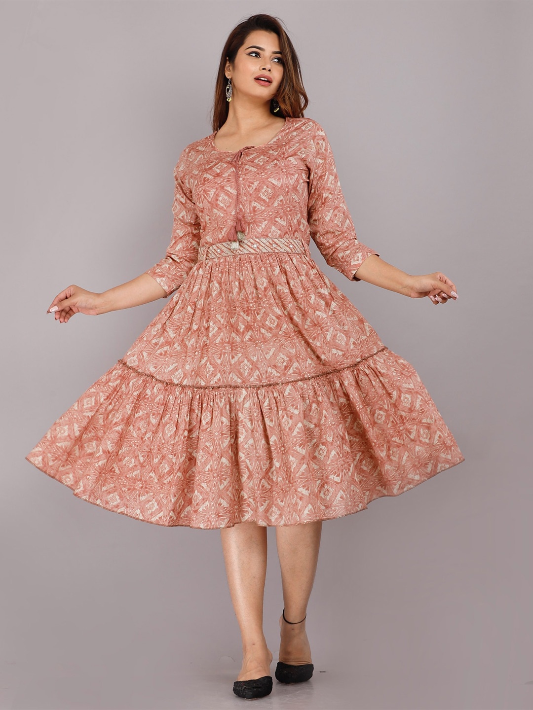 

KALINI Rust Floral Tie-Up Neck Midi Dress