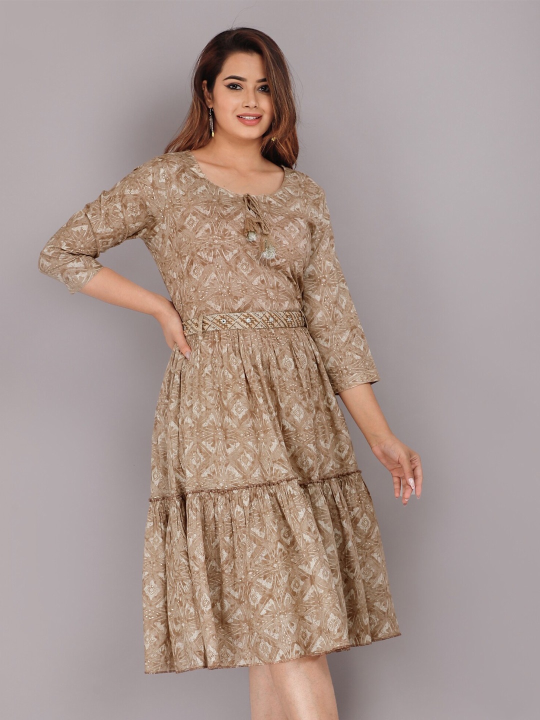 

KALINI Brown Midi Printed Fit and Flare Dress