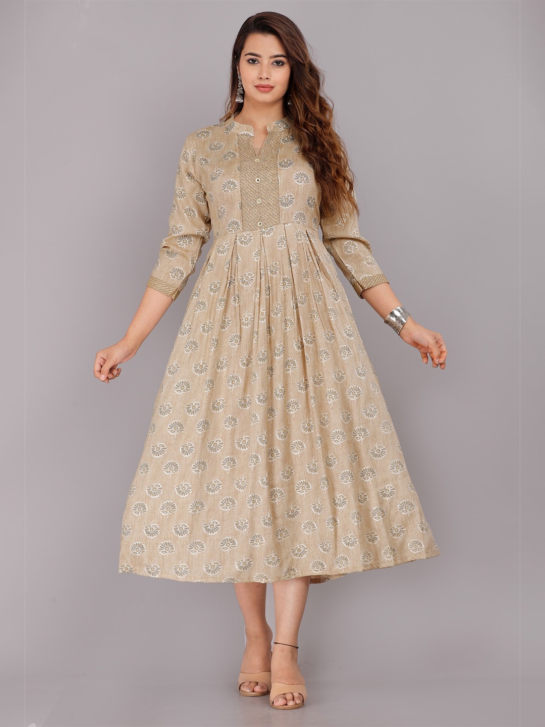 

KALINI Brown Ethnic Motifs Formal A-Line Midi Dress