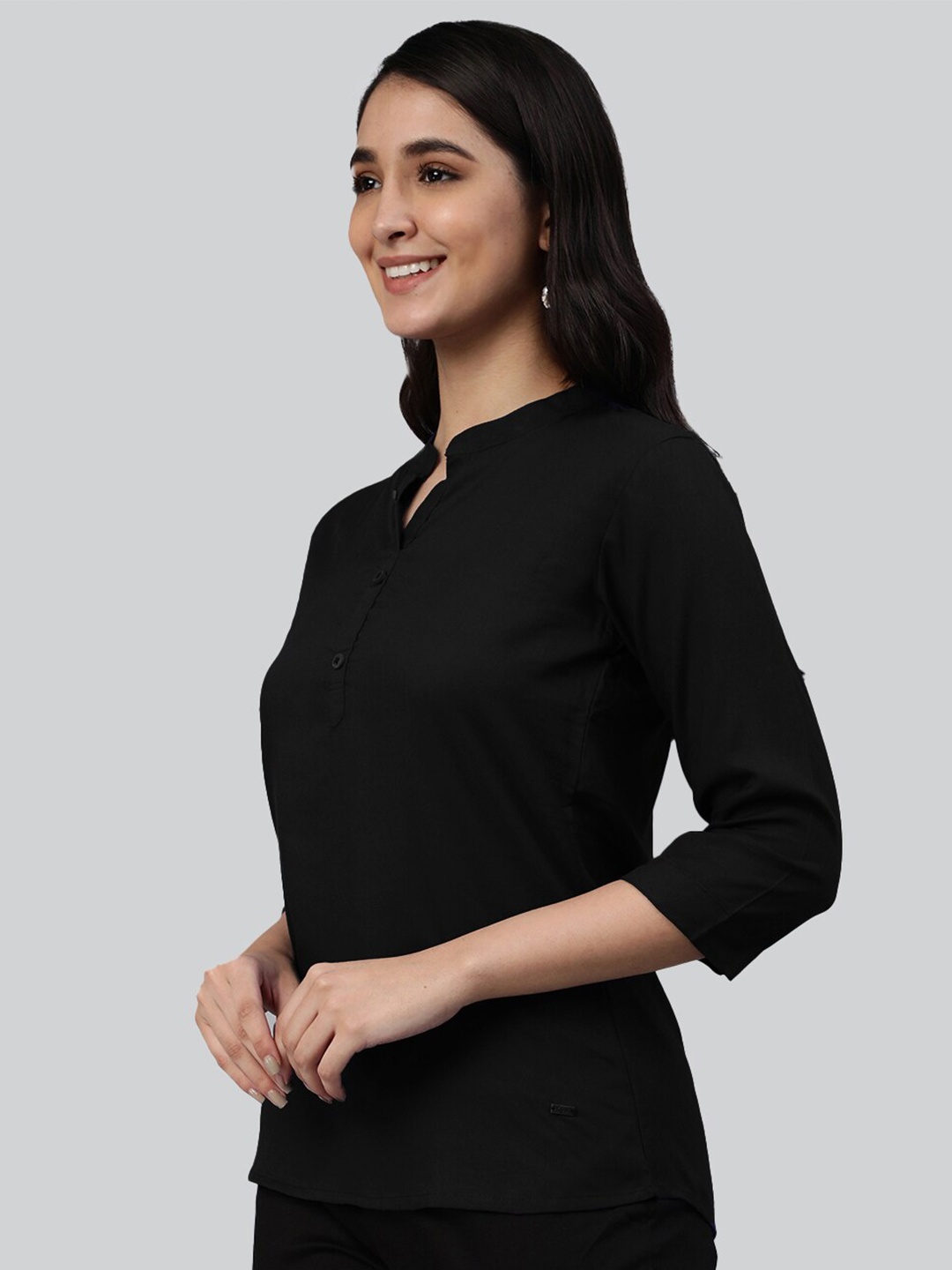 LYRA Black Mandarin Collar Three Quarter Sleeves Top