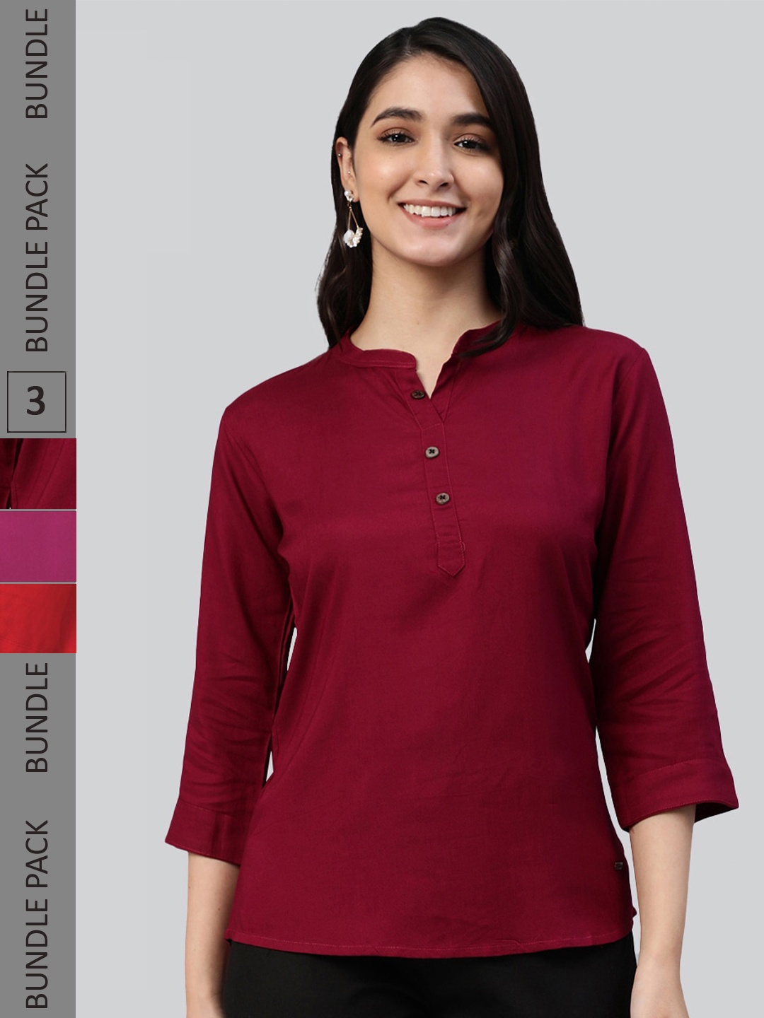 

LYRA Pack Of 3 Mandarin Collar Top, Maroon