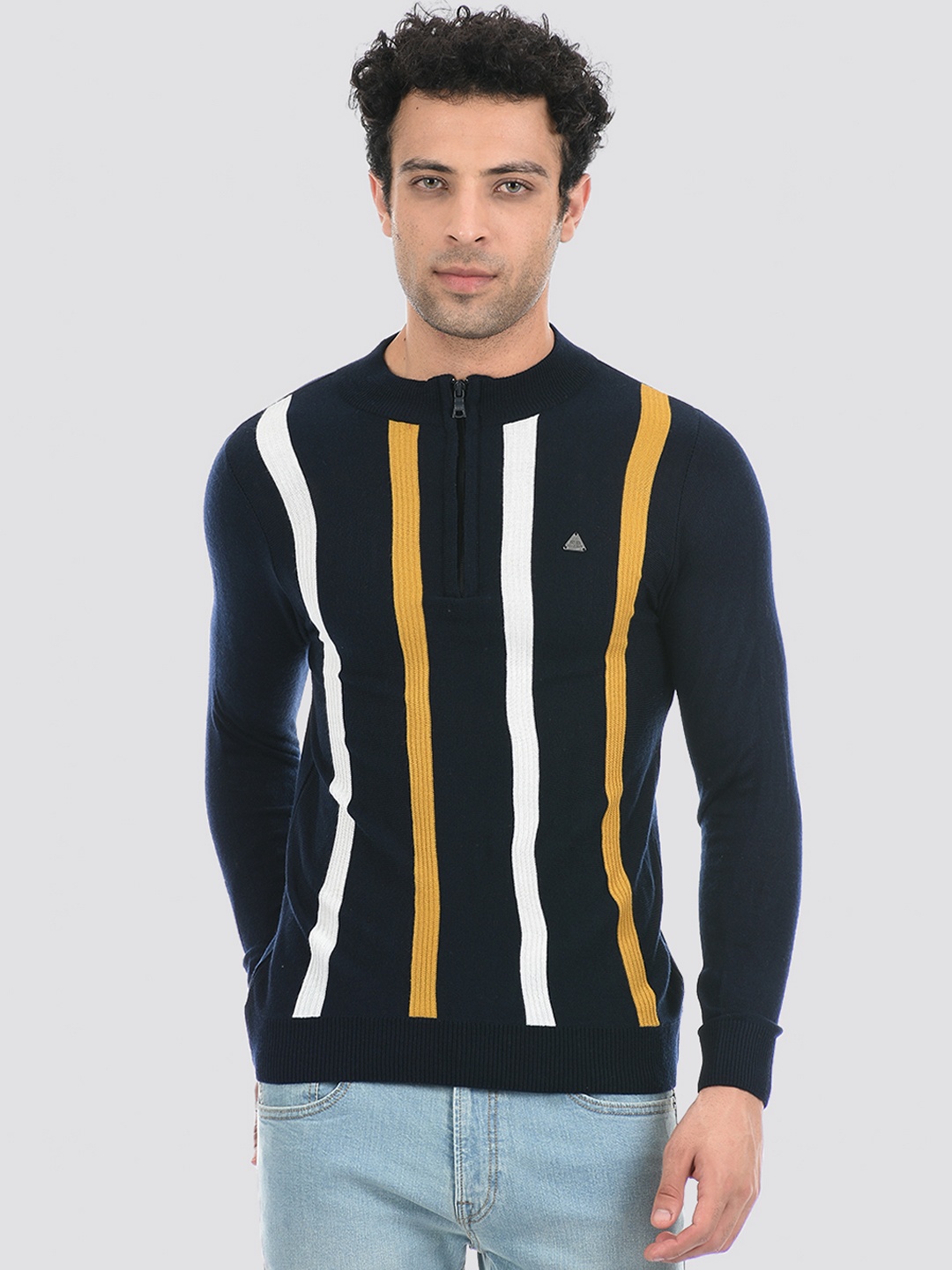

Cloak & Decker by Monte Carlo Men Navy Blue & Mustard Striped Acrylic Pullover Sweater